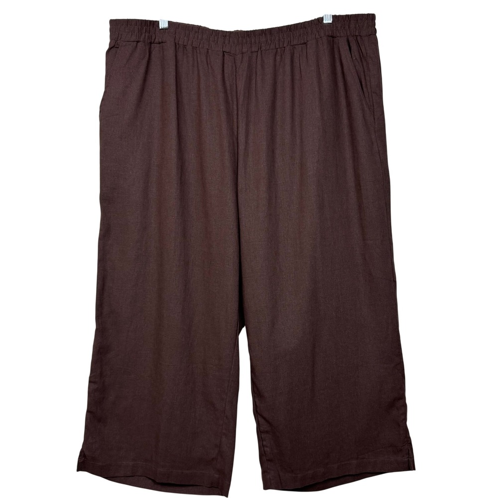 Jessica London Cropped‎ Pants Linen Blend Wide Leg Plus 24W Brown Elastic Waist